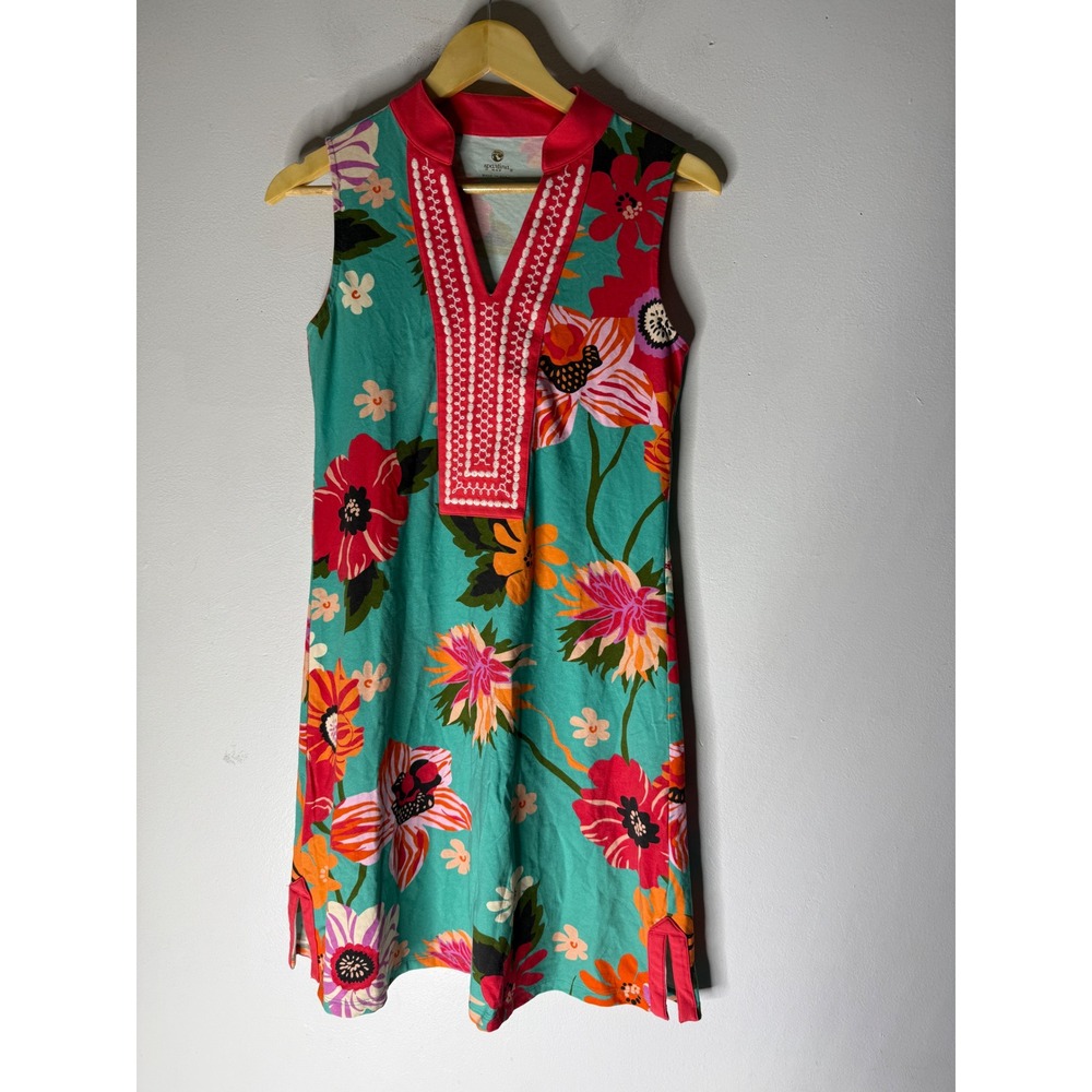 Spartina 449 Teal Pink Floral Embroidered V-Neck Shift Dress Small Made in Peru